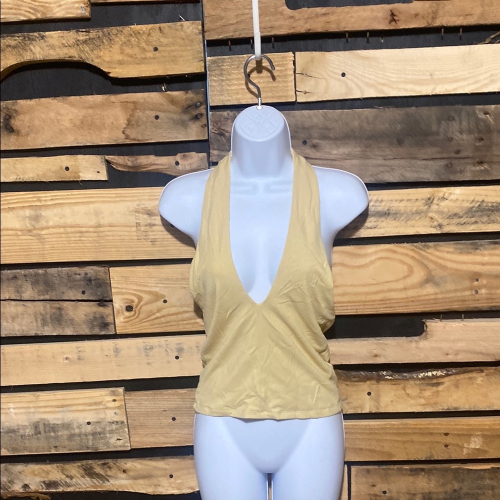 Wilfred Free Golden Yellow Ribbed Halter‎ Plunge Cropped Tank Top Size Medium